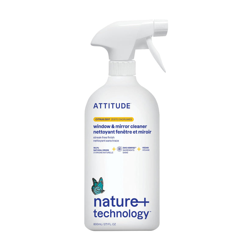 ATTITUDE Window and Mirror Cleaner, EWG Verified, Plant- and Mineral-Based Ingredients, Vegan and Cruelty-free Household Products, Citrus Zest, 27.1 Fl Oz