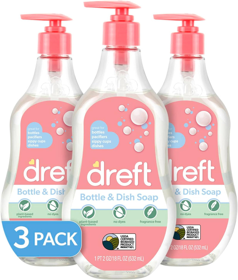 DREFT Bottle and Dish Soap | Made to Clean Baby Bottles, Sippy Cups, Pacifiers, Breast Pumps, & More | Gently Removes Milk Film & Odors | Plant Based, Fragrance Free Dish Soap | 18 Fl Oz (Pack of 3)