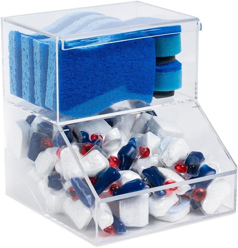 Acrylic Dishwasher Pods & Sponge Holder w/Lids - 2 Compartment Container for Storing Detergent Tablets, Dryer Sheets, Laundry Pods for Kitchen Sink Organization