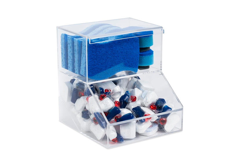 Acrylic Dishwasher Pods & Sponge Holder w/Lids - 2 Compartment Container for Storing Detergent Tablets, Dryer Sheets, Laundry Pods for Kitchen Sink Organization