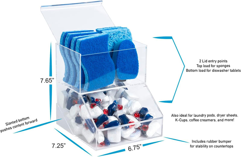 Acrylic Dishwasher Pods & Sponge Holder w/Lids - 2 Compartment Container for Storing Detergent Tablets, Dryer Sheets, Laundry Pods for Kitchen Sink Organization