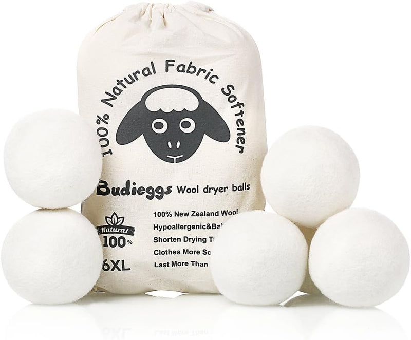 Wool Dryer Balls Organic XL 6-Pack, 100% New Zealand Chemical Free Fabric Softener for 1000+ Loads, Baby Safe & Hypoallergenic, Reduce Wrinkles & Shorten Drying Time Naturally