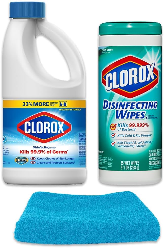 Bundle Disinfecting Bleach, Concentrated Formula, Regular - 43 Ounce Bottle + Disinfecting Wipes, Fresh Scent, 35 Count Bundle with Microfiber Cleaning Cloth (Package May Vary)