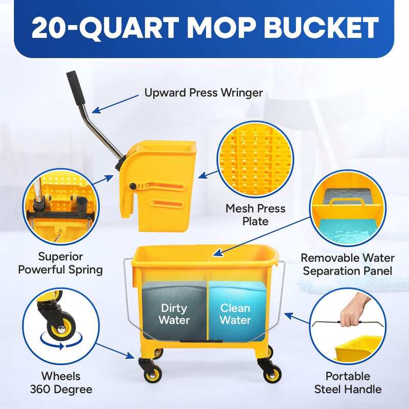 Yellow Mop Bucket and Upward Press Wringer, 20 Qt/5-Gallon, Perfect for Household Floor Cleaning