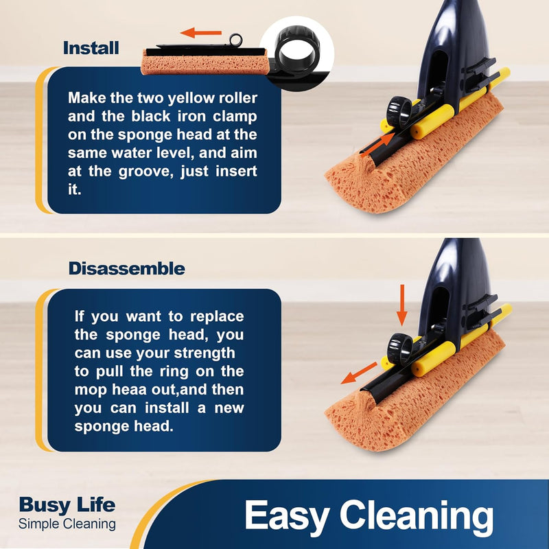 Yocada Sponge Mop Home Commercial Use Tile Floor Bathroom Garage Cleaning with 2 Sponge Heads in Total Squeegee and Extendable Telescopic Handle from 42.5 to 52 Inches Easily Dry Wringing only 2 Heads