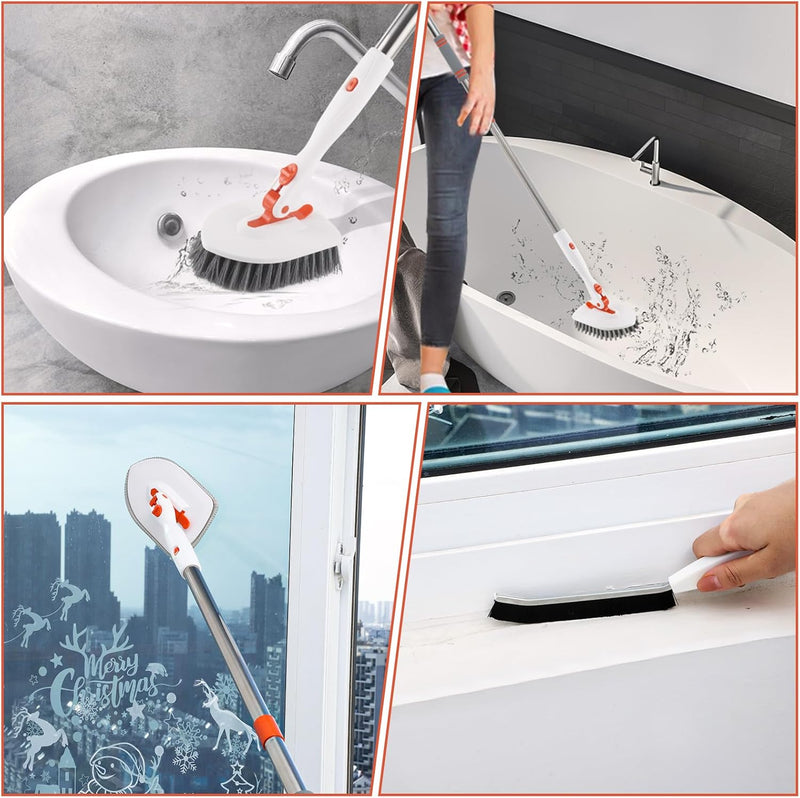 3 in 1 Tub Tile Scrubber Brush,52 Inch Long Handle Shower Scrubbing with Locked Head, Shower Cleaning Brush for Bathroom Kitchen Toilet Wall Sink