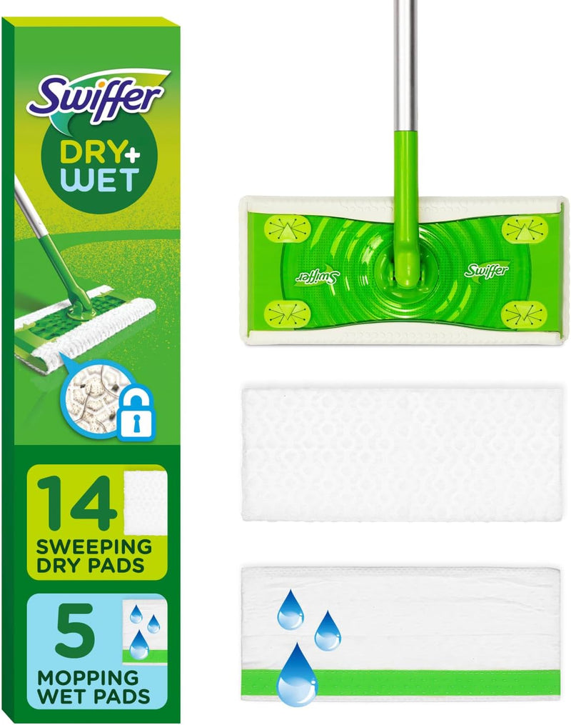 Swiffer Sweeper 2-in-1 Dry + Wet Floor Mopping and Sweeping Kit, Multi-Surface Kit for Floor Cleaning, Kit Includes 1 Sweeper, 14 Dry Sweeping Cloths, 5 Wet Mopping Cloths