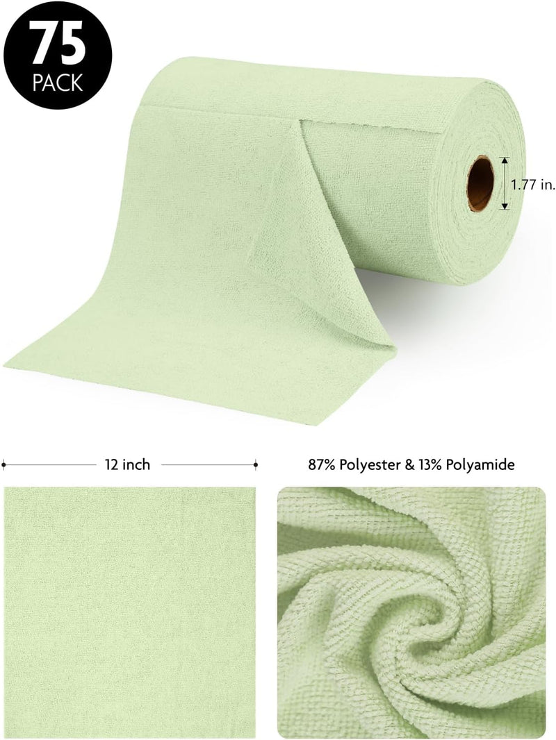 Fantasticlean Microfiber Cleaning Cloth Roll -75 Pack, Tear Away Microfiber Towels, 12" x 12", Reusable, Washable, Scratch Free, Ultra Absorbent Dish Rags for Car, Home, Garage or Shop (Green)