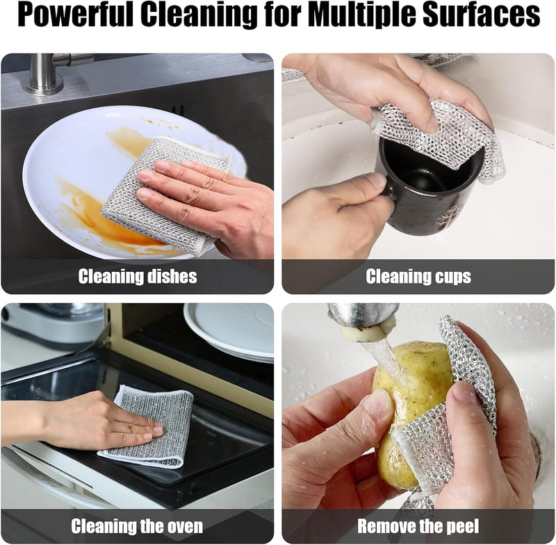 6 Pcs Non-Scratch Wire Dishwashing Rags, Steel Dishcloths for Wet and Dry Cleaning, Multipurpose Scrubbing Pads, Reusable Washing Cloth Dish Rag for Household Kitchen Supplies