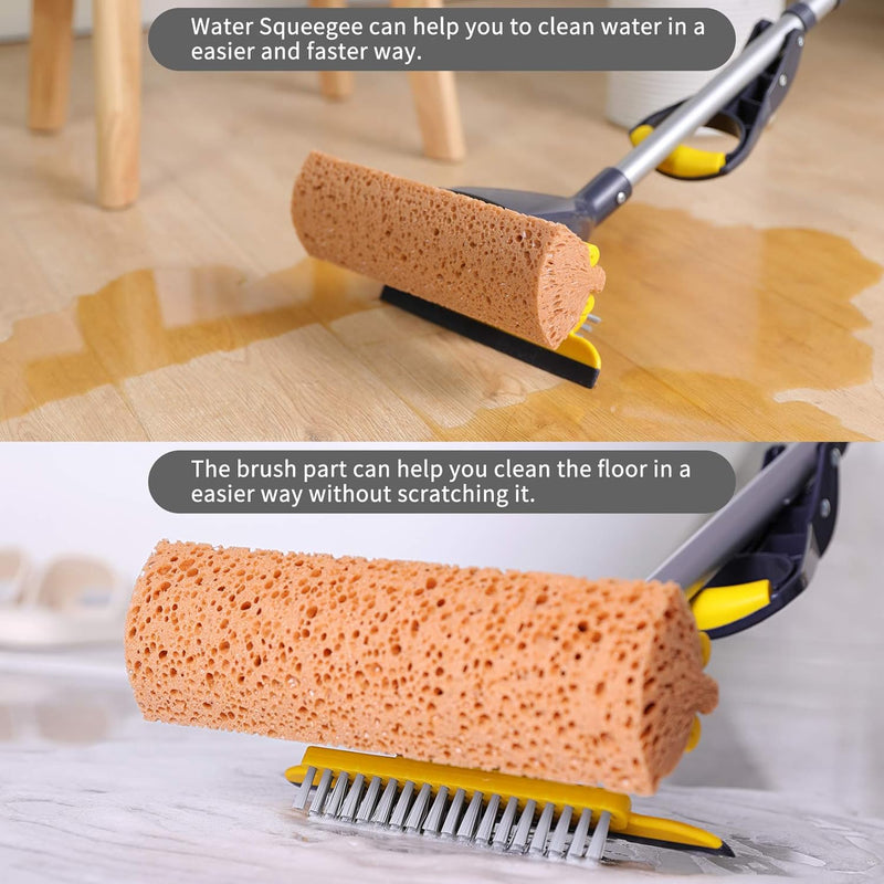 Yocada Sponge Mop Home Commercial Use Tile Floor Bathroom Garage Cleaning with 2 Sponge Heads in Total Squeegee and Extendable Telescopic Handle from 42.5 to 52 Inches Easily Dry Wringing only 2 Heads