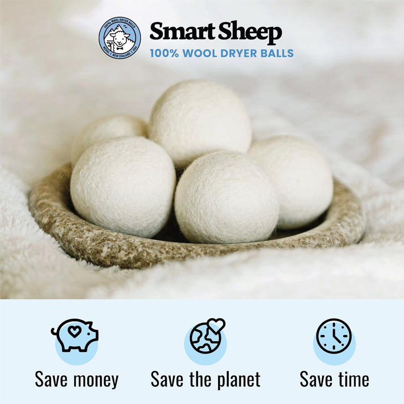 Wool Dryer Balls - Smart Sheep 6-Pack - XL Premium Natural Fabric Softener Award-Winning - Wool Balls Replaces Dryer Sheets - Wool Balls for Dryer - Laundry Balls for Dryer