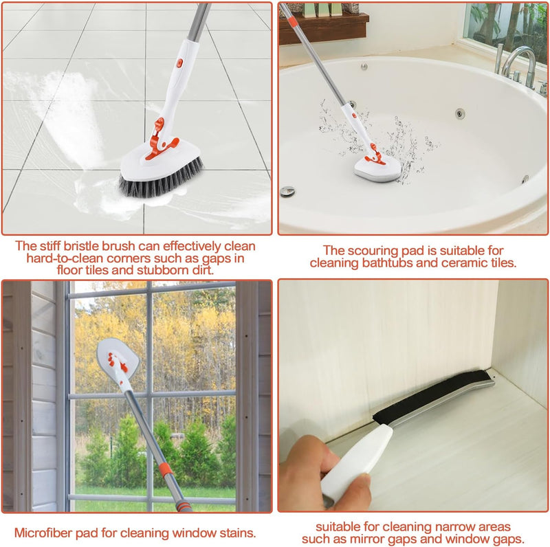 3 in 1 Tub Tile Scrubber Brush,52 Inch Long Handle Shower Scrubbing with Locked Head, Shower Cleaning Brush for Bathroom Kitchen Toilet Wall Sink