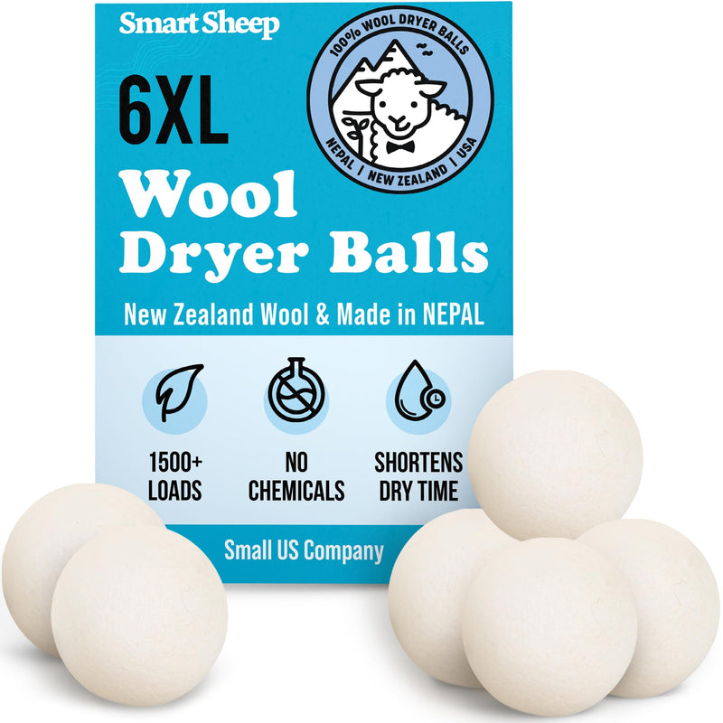 Wool Dryer Balls - Smart Sheep 6-Pack - XL Premium Natural Fabric Softener Award-Winning - Wool Balls Replaces Dryer Sheets - Wool Balls for Dryer - Laundry Balls for Dryer