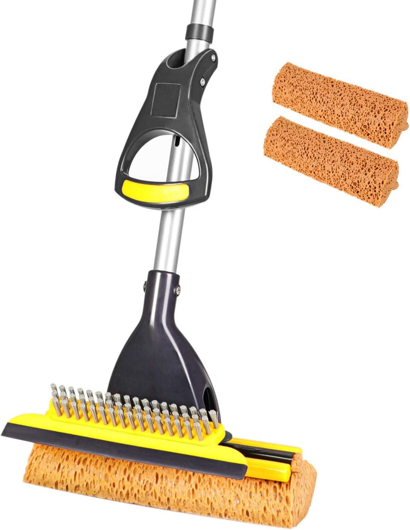 Yocada Sponge Mop Home Commercial Use Tile Floor Bathroom Garage Cleaning with 2 Sponge Heads in Total Squeegee and Extendable Telescopic Handle from 42.5 to 52 Inches Easily Dry Wringing only 2 Heads