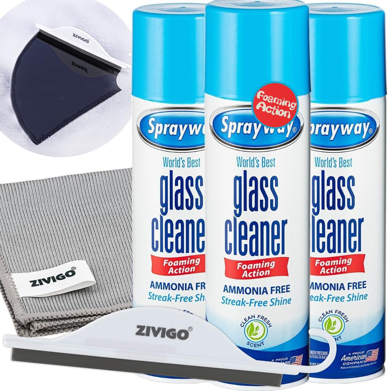 Sprayaway Glass Cleaner, Foam Action, 19 Fl Oz, (3 Pack) - Bundle With 1 Microfiber Lint-Free Cleaning Cloth And 1 Window Squeegee,