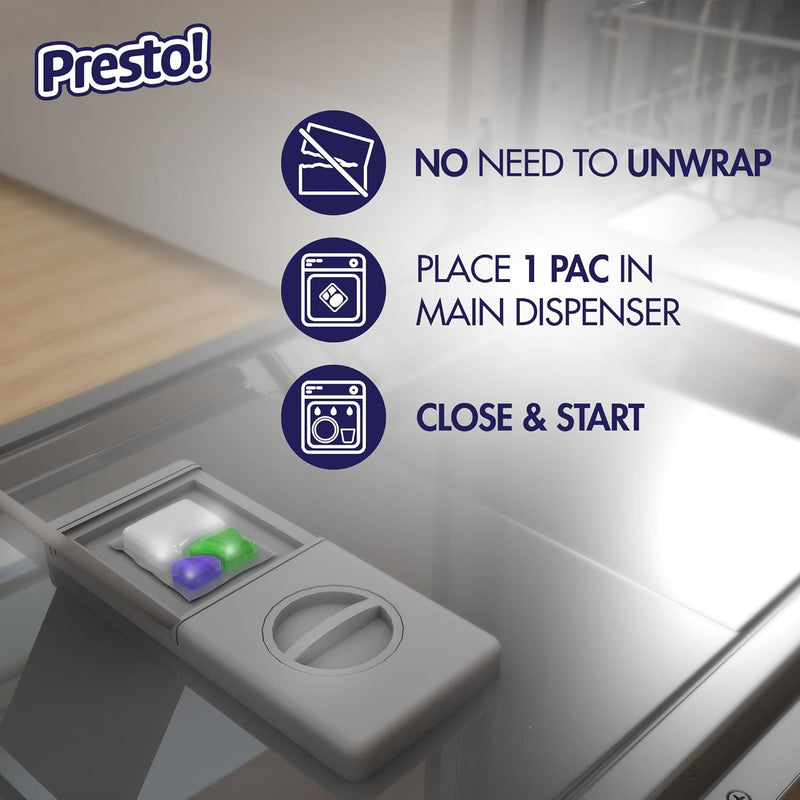 Amazon Brand - Presto! Triple Action Dishwasher Pacs, Anti-spotting, Fresh Scent, 70 Count