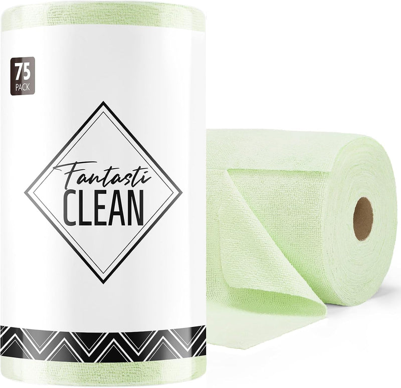 Fantasticlean Microfiber Cleaning Cloth Roll -75 Pack, Tear Away Microfiber Towels, 12" x 12", Reusable, Washable, Scratch Free, Ultra Absorbent Dish Rags for Car, Home, Garage or Shop (Green)