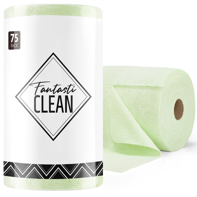 Fantasticlean Microfiber Cleaning Cloth Roll -75 Pack, Tear Away Microfiber Towels, 12" x 12", Reusable, Washable, Scratch Free, Ultra Absorbent Dish Rags for Car, Home, Garage or Shop (Green)