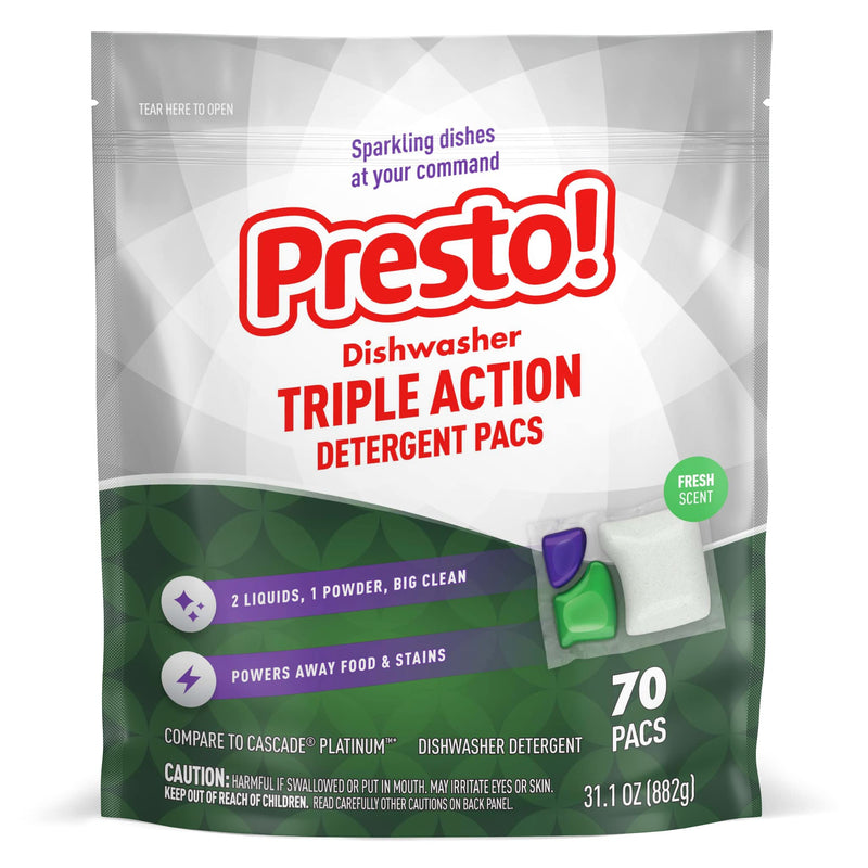 Amazon Brand - Presto! Triple Action Dishwasher Pacs, Anti-spotting, Fresh Scent, 70 Count