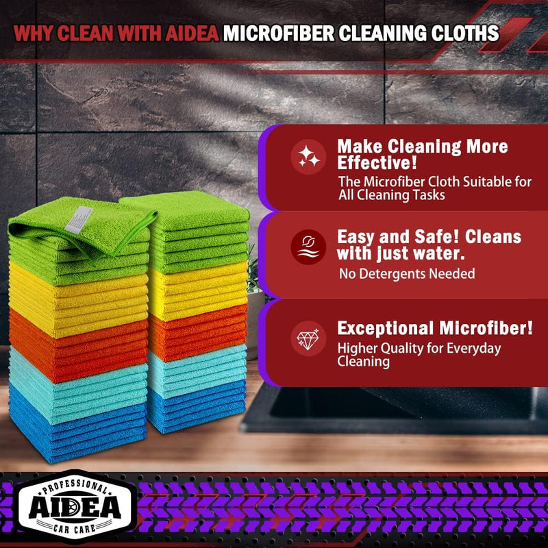 AIDEA Microfiber Cleaning Cloths-50PK, Microfiber Towels for Cars, Premium All-Purpose Car Cloth, Dusting Cloth Cleaning Rags, Absorbent Microfiber Cloth for SUVs, House, Kitchen, Window-12×12"