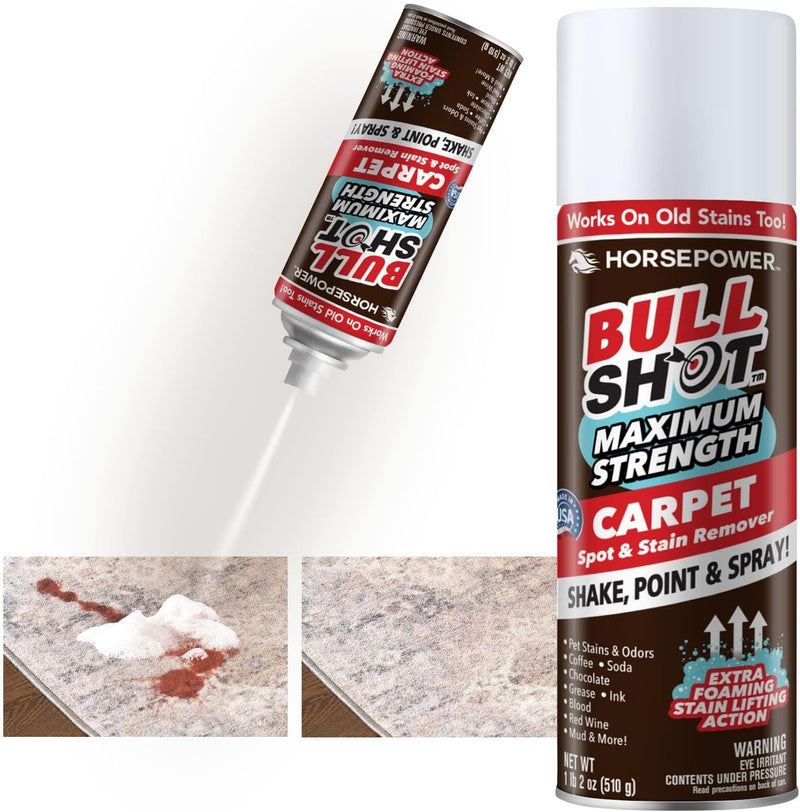 Bull Shot MAX Strength Carpet Spot & Stain Remover by Horsepower, AS-SEEN-ON-TV, Made In US, Just Point & Spray, Stain-Lifting Foam Action, Pet Stains & Odors, Coffee, Wine, New & Old Stains & More