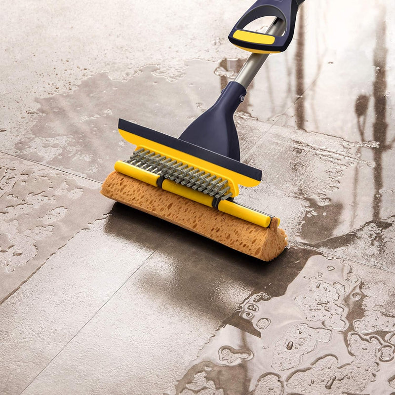 Yocada Sponge Mop Home Commercial Use Tile Floor Bathroom Garage Cleaning with 2 Sponge Heads in Total Squeegee and Extendable Telescopic Handle from 42.5 to 52 Inches Easily Dry Wringing only 2 Heads