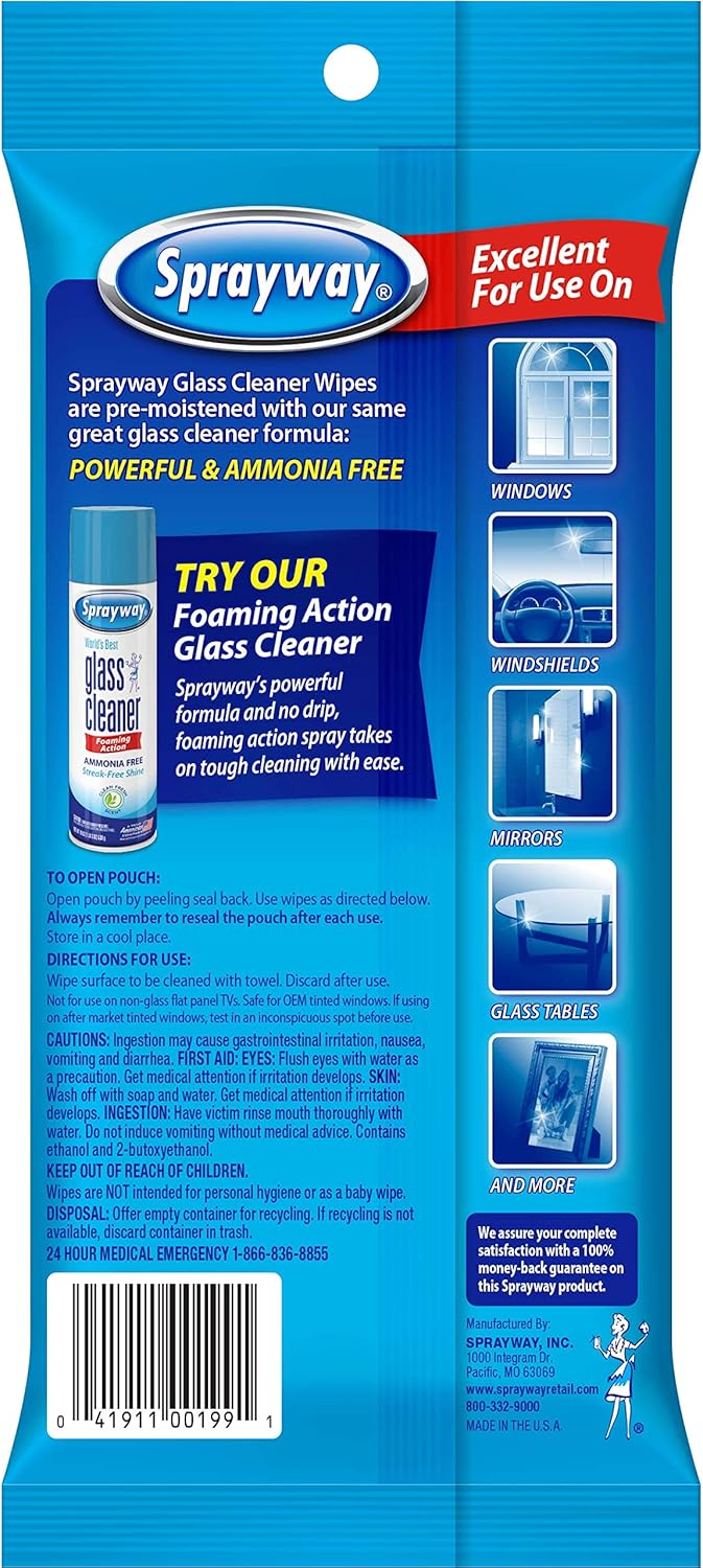 Sprayway SW199R Ammonia-Free Glass Cleaner Wipes, Fresh Scent, 20 Count