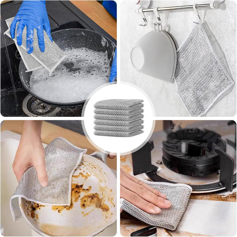 6 Pcs Non-Scratch Wire Dishwashing Rags, Steel Dishcloths for Wet and Dry Cleaning, Multipurpose Scrubbing Pads, Reusable Washing Cloth Dish Rag for Household Kitchen Supplies