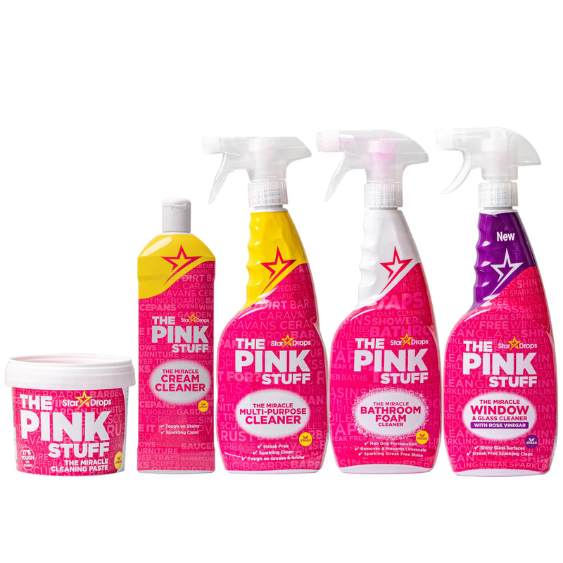 Stardrops - The Pink Stuff - The Miracle Cleaning Paste, Multi-Purpose Spray, Bathroom Foam Spray, Window & Glass Cleaner, and Cream Cleaner Bundle