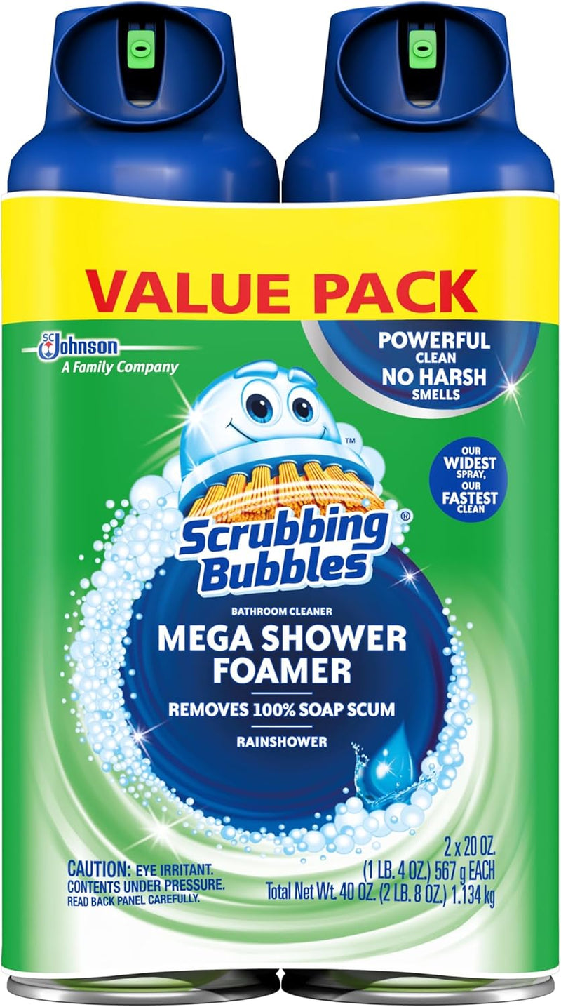 Scrubbing Bubbles Mega Shower Foamer Aerosol, Tough Foaming Bathroom, Tile, Bathtub and Disinfectant Shower Cleaner (1 Aerosol Spray), Rainshower Scent, 20 oz (Pack of 2)