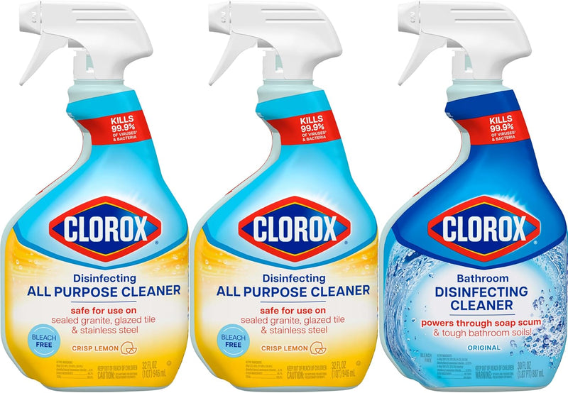 Clorox Disinfecting All-Purpose Cleaner 32 Oz and Disinfecting Bathroom Cleaner, Household Essentials, 30 Oz, Pack of 3