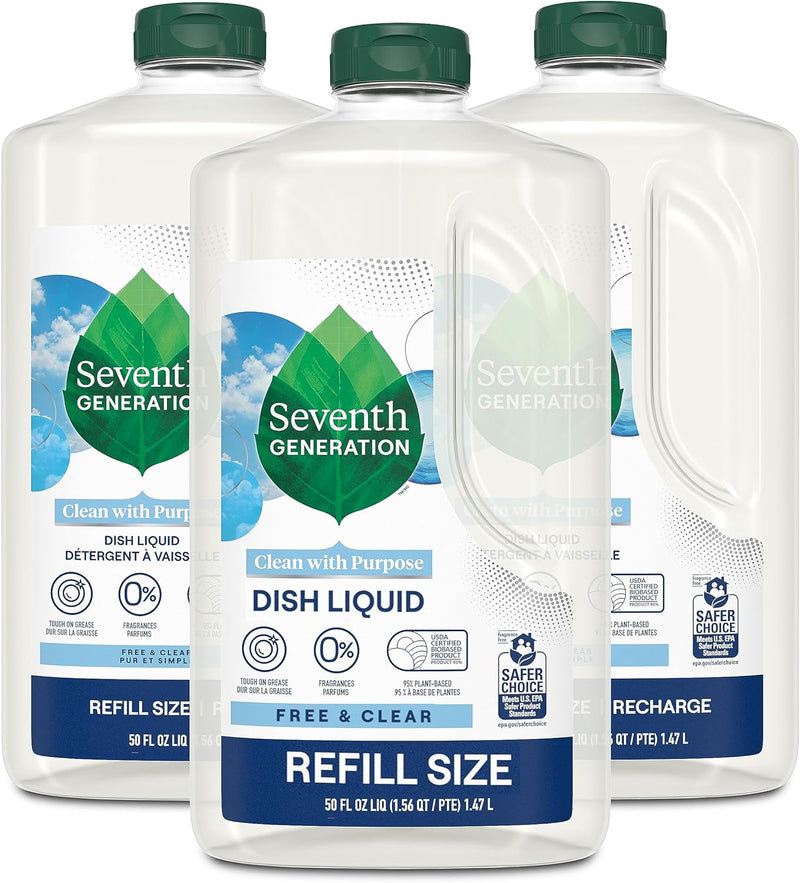 Seventh Generation Dish Liquid Soap Refill Free & Clear Dish Soap for sensitive skin 50 oz, Pack of 3