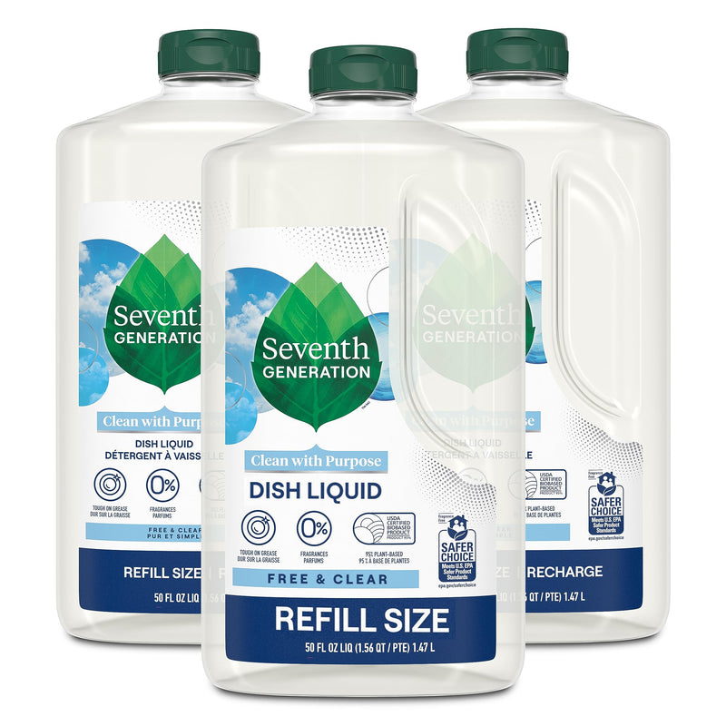 Seventh Generation Dish Liquid Soap Refill Free & Clear Dish Soap for sensitive skin 50 oz, Pack of 3