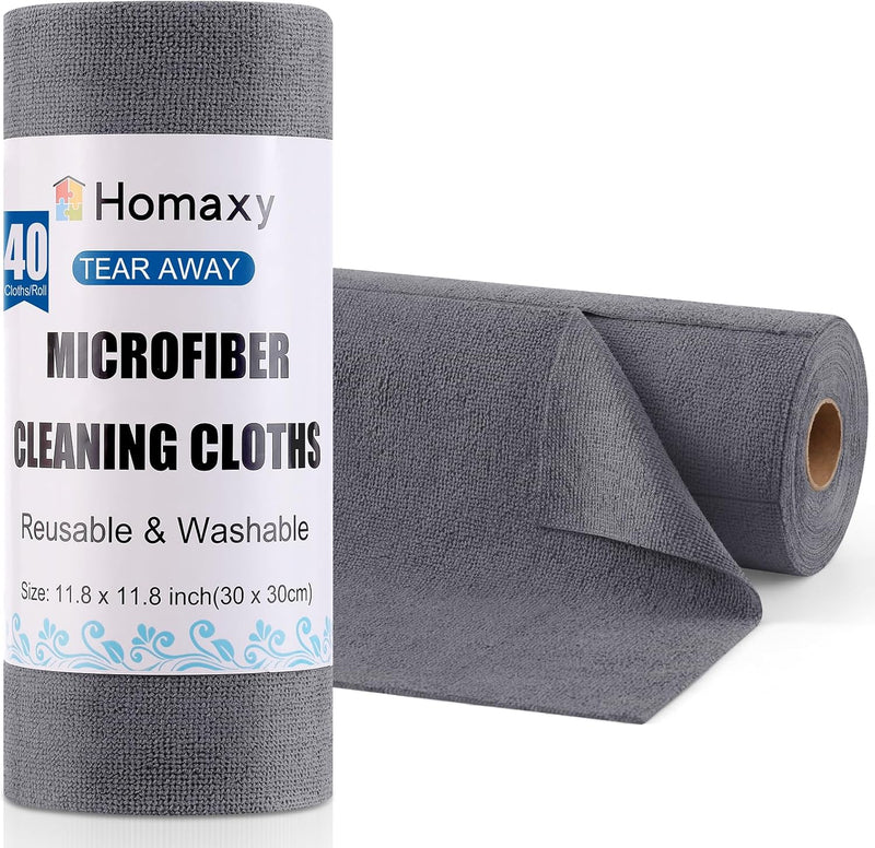 Homaxy Microfiber Cleaning Cloth Roll, 40 Pack Reusable Tear Away Towels, 11.8" x 11.8", Ultra Absorbent and Lint Free Cleaning Rags Towels for Car, House, Kitchen, Grey