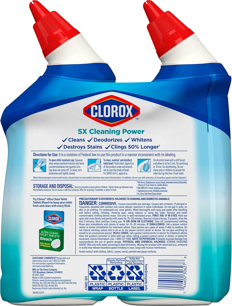 Clorox Toilet Bowl Cleaner, Clinging Bleach Gel, Ocean Mist - 24 Ounces, Pack of 2