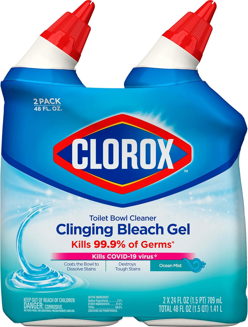 Clorox Toilet Bowl Cleaner, Clinging Bleach Gel, Ocean Mist - 24 Ounces, Pack of 2